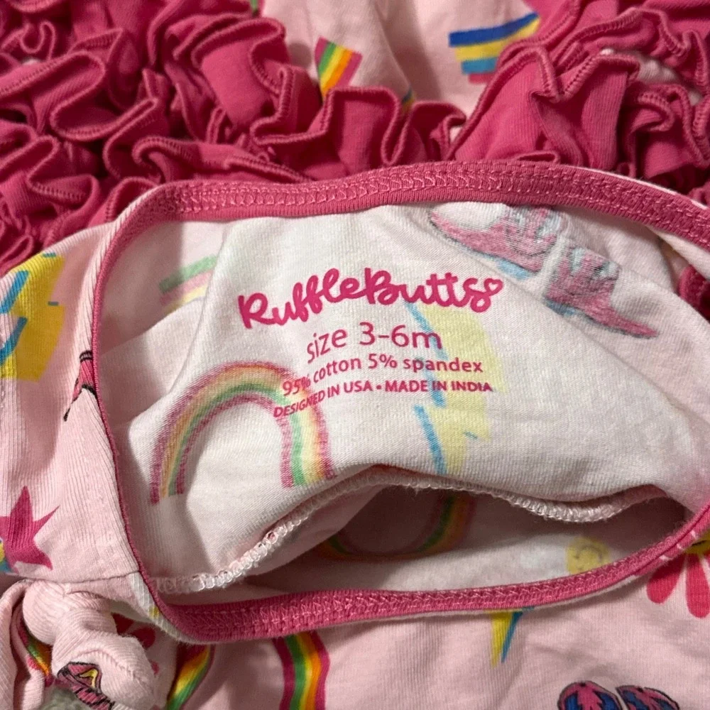 RuffleButts Baby Girls Pink Western Cowboy Boot Rainbow Ruffle Romper 3-6M